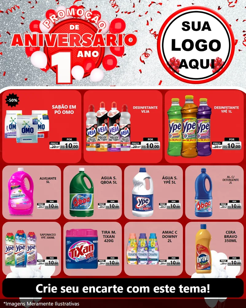 Modelo de Rede Social para Feed Instagram com o tema Promoção de Aniversário - 1 Ano para Produtos de Limpeza