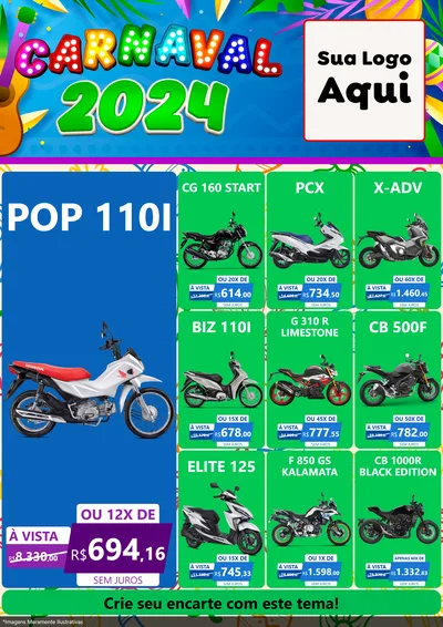 Modelo de Encarte para Encarte A4 Vertical com o tema Carnaval 2027 para Concessionaria de Motos