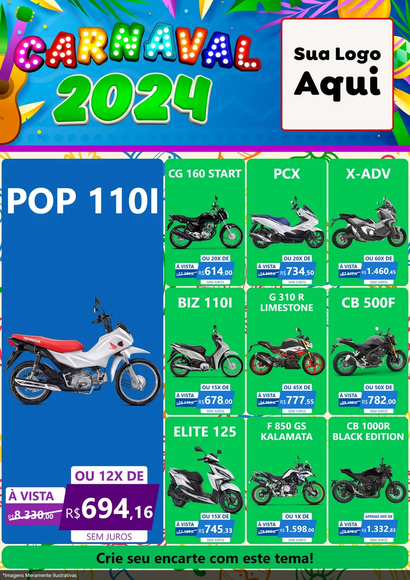Modelo de Encarte para Encarte A4 Vertical com o tema Carnaval 2027 para Concessionaria de Motos