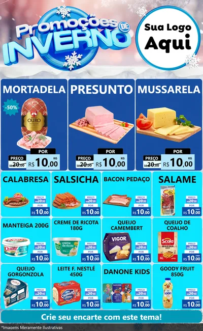 Modelo de Encarte para Encarte Grande com o tema Promoções de Inverno para Frios e Laticínios