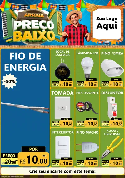 Modelo de Encarte para Encarte A4 Vertical com o tema Arraiá de Preço Baixo - Junina para Materiais Elétricos
