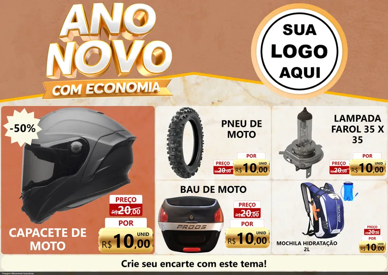 Modelo de Encarte para Encarte A4 Horizontal com o tema Ano Novo Com Economia para Moto peças