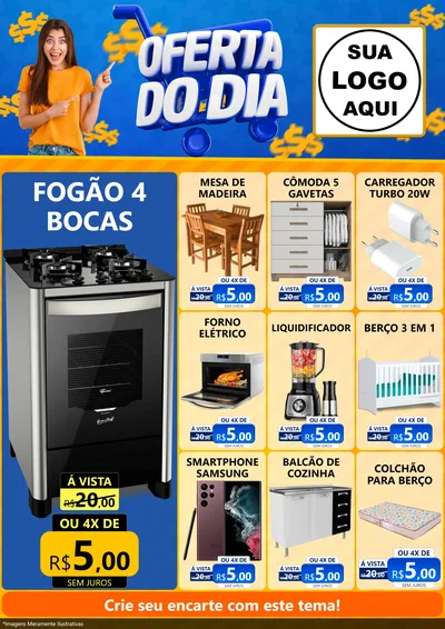 Modelo de Encarte para Encarte A4 Vertical com o tema Oferta do Dia para Móveis e Eletro