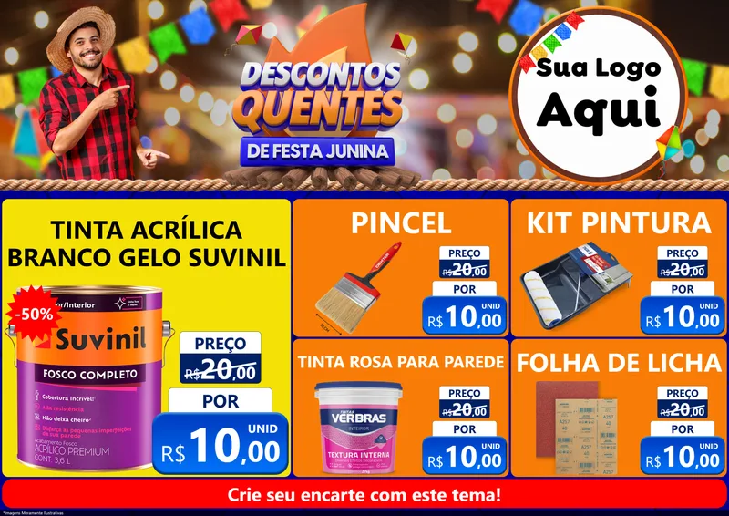 Modelo de Encarte para Encarte A4 Horizontal com o tema Descontos Quentes de Festa Junina para Tintas e Ferramentas