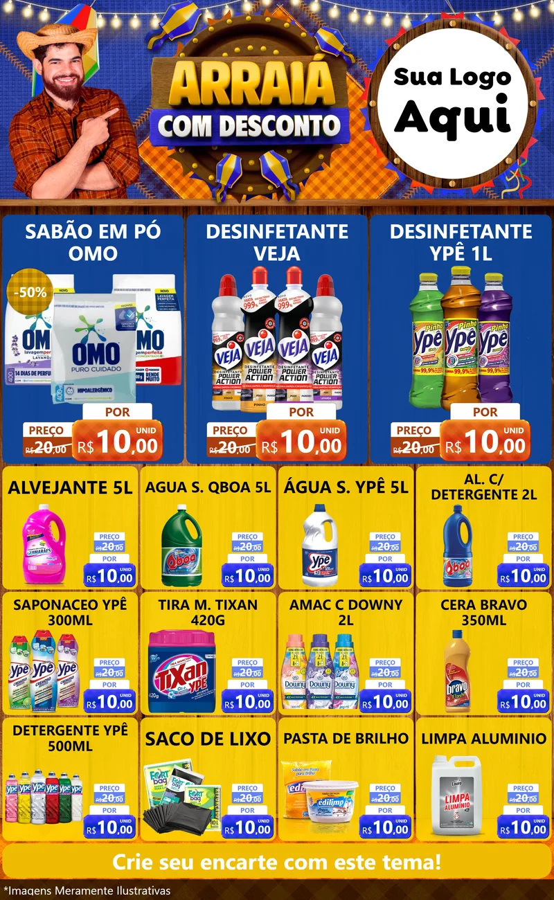 Modelo de Encarte para Encarte Grande com o tema Arraiá Com Desconto para Produtos de Limpeza