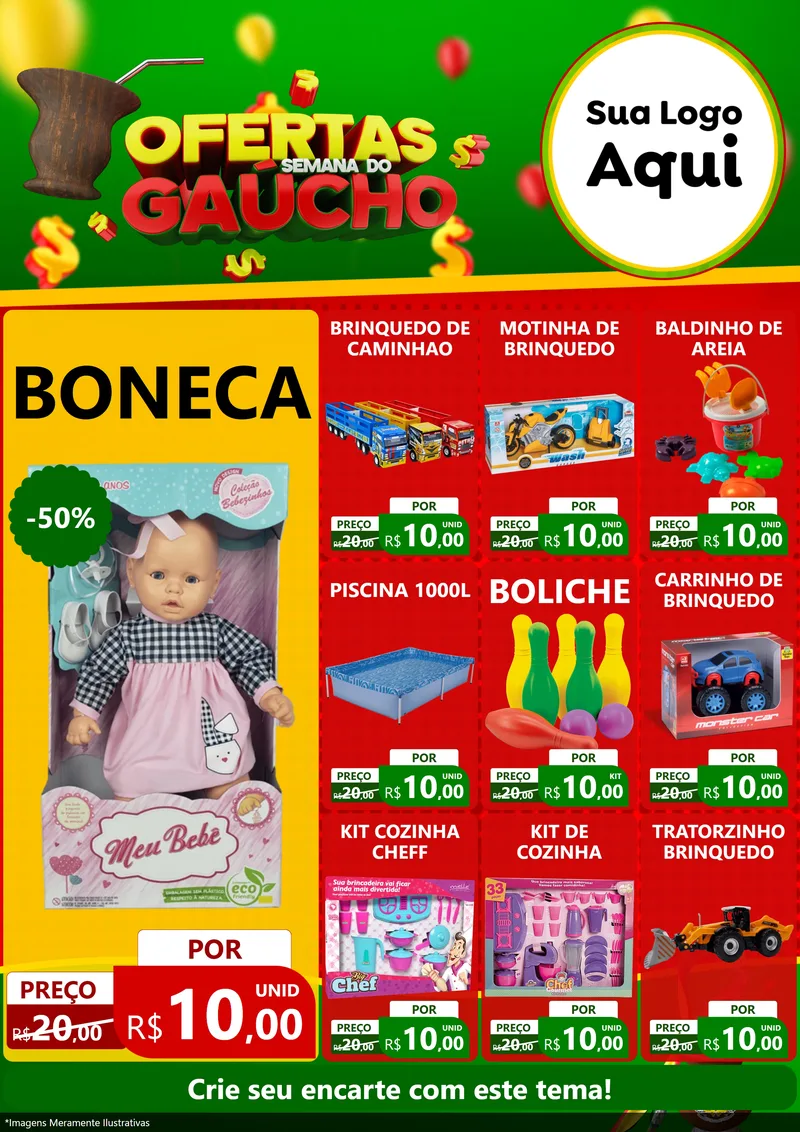 Modelo de Encarte para Encarte A4 Vertical com o tema Ofertas Semana Do Gaúcho para Brinquedos