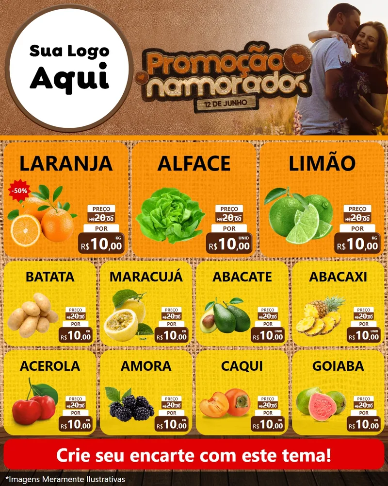 Modelo de Rede Social para Feed Instagram com o tema Promoção Namorados para Hortifrúti