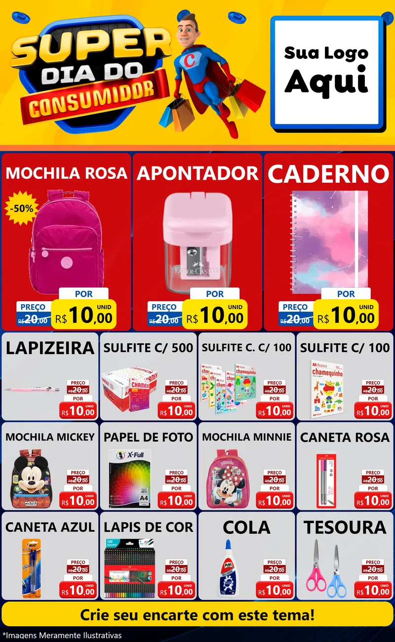 Modelo de Encarte para Encarte Grande com o tema Super Dia do Consumidor para Papelaria