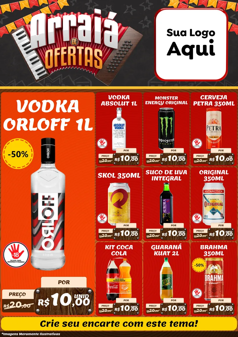 Modelo de Encarte para Encarte A4 Vertical com o tema Arraiá de Ofertas - Junina para Distribuidora de bebidas