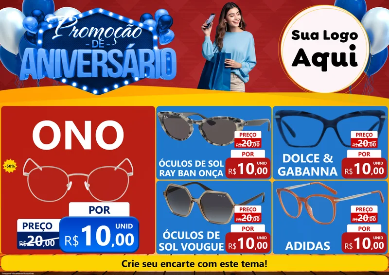 Modelo de Encarte para Encarte A4 Horizontal com o tema Promoção de Aniversário para Óticas