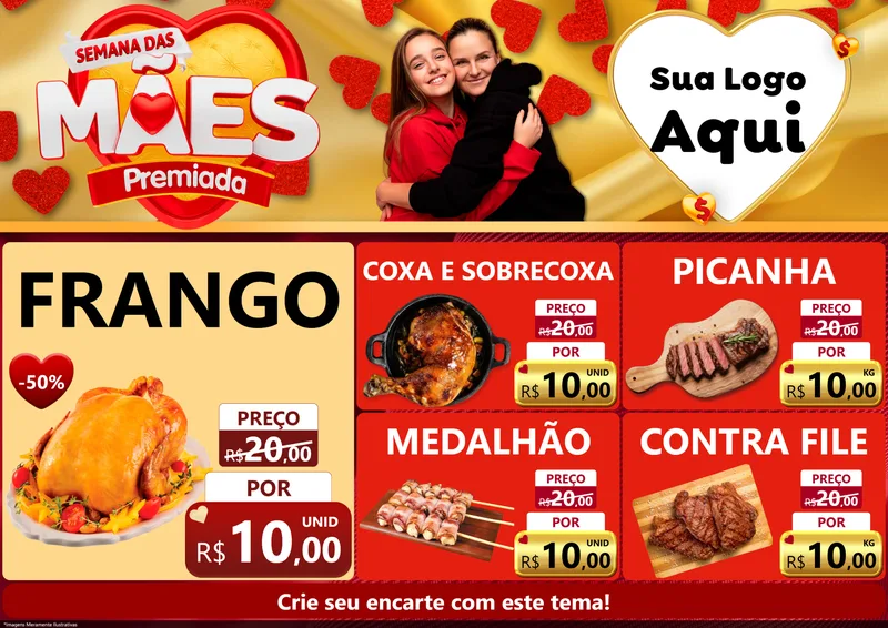 Modelo de Encarte para Encarte A4 Horizontal com o tema Semana das Mães Premiada para Assados