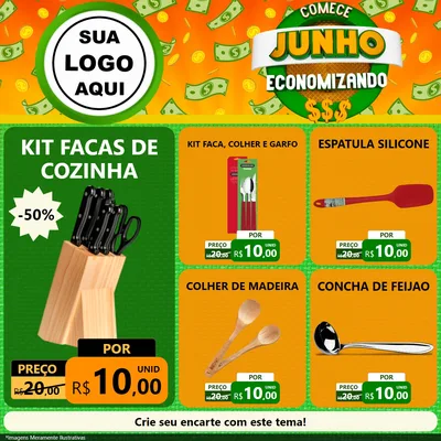 Modelo de Rede Social para Feed Facebook com o tema Comece Junho Economizando para Utilidades Domésticas