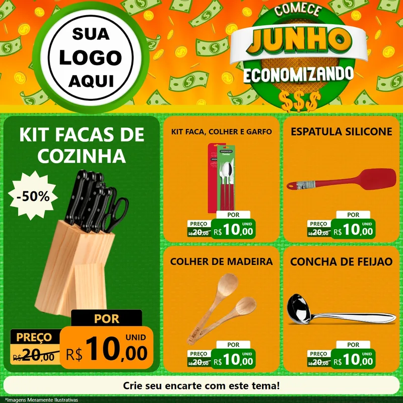 Modelo de Rede Social para Feed Facebook com o tema Comece Junho Economizando para Utilidades Domésticas