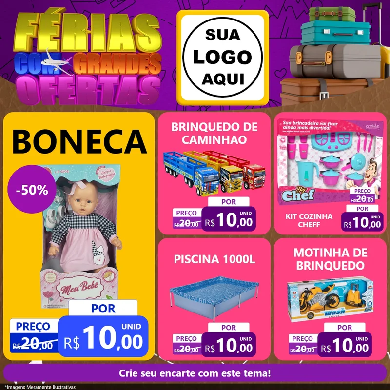 Modelo de Rede Social para Feed Facebook com o tema Férias com Grandes Ofertas para Brinquedos
