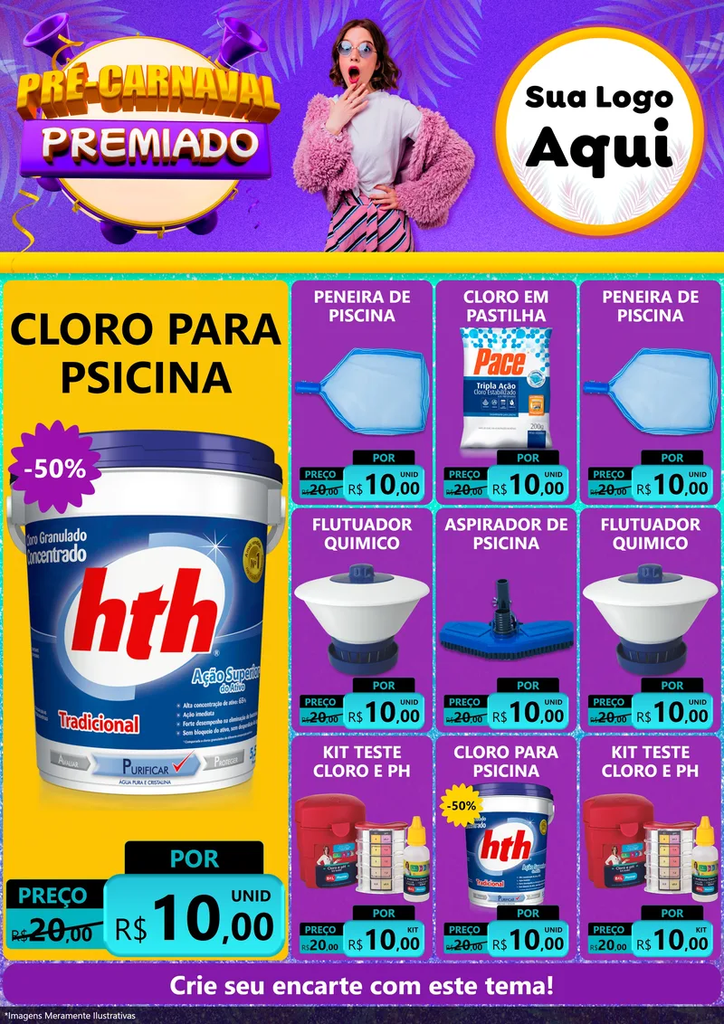Modelo de Encarte para Encarte A4 Vertical com o tema Pré-Carnaval Premiado para Produtos para Piscina