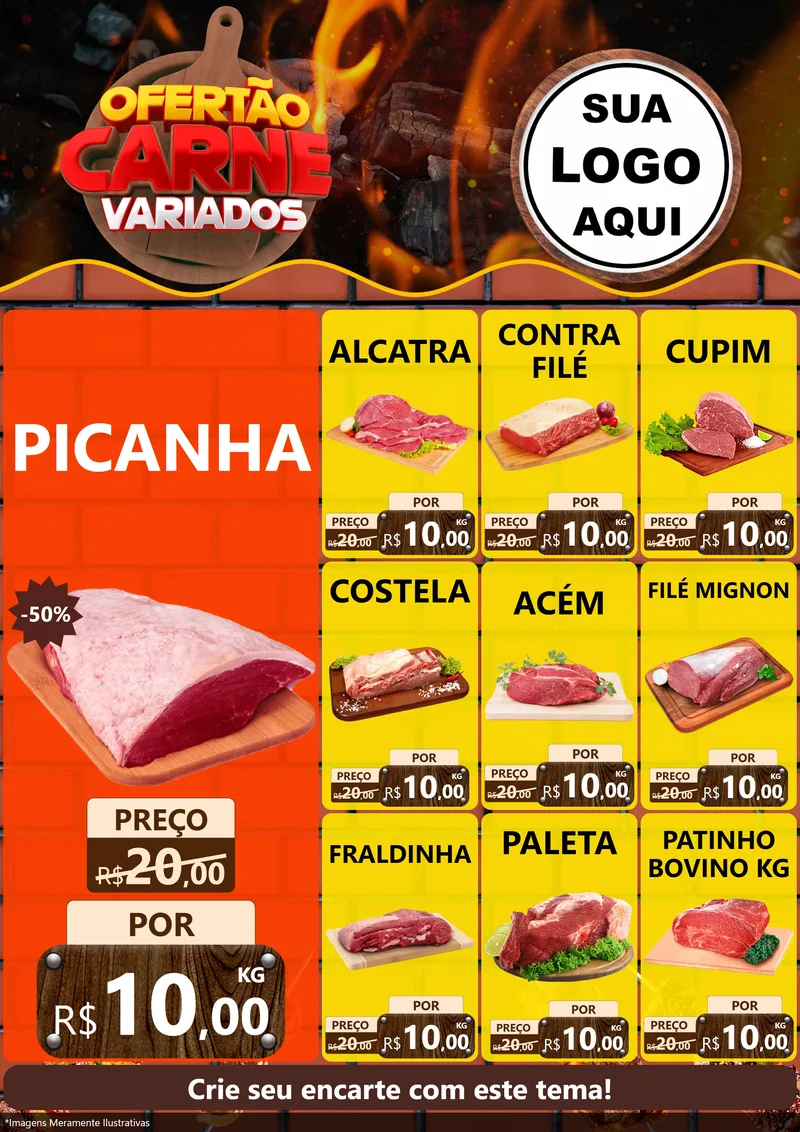 Modelo de Encarte para Encarte A4 Vertical com o tema Ofertão Carne Variados para Açougue