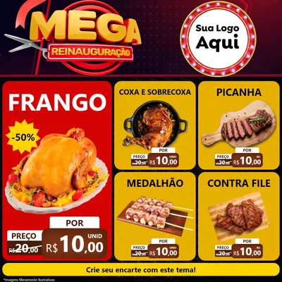Modelo de Rede Social para Feed Facebook com o tema Mega Reinauguração para Assados