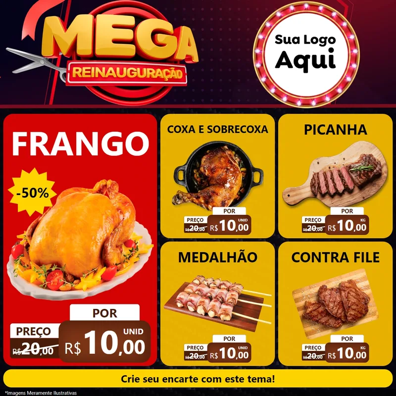 Modelo de Rede Social para Feed Facebook com o tema Mega Reinauguração para Assados