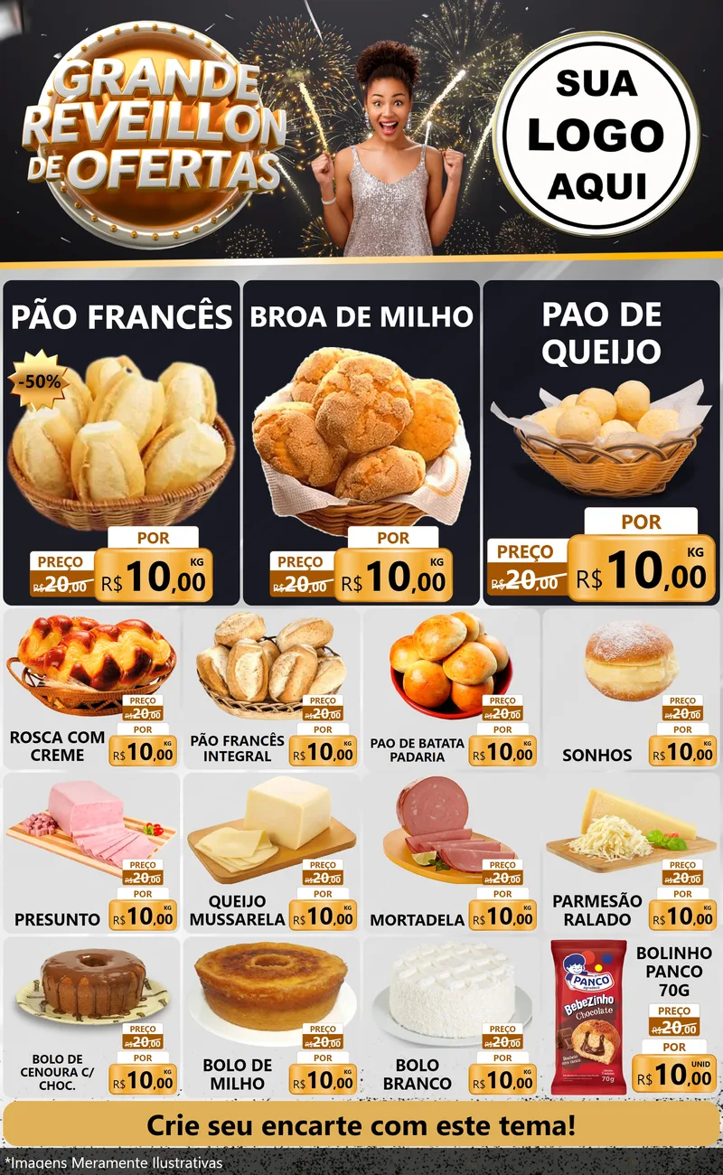 Modelo de Encarte para Encarte Grande com o tema Grande Réveillon de Ofertas para Padaria