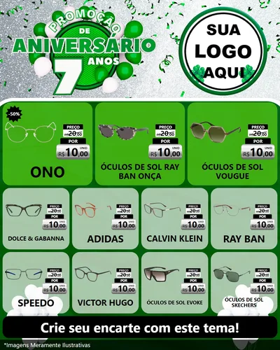 Modelo de Rede Social para Feed Instagram com o tema Promoção de Aniversário - 7 Anos para Óticas