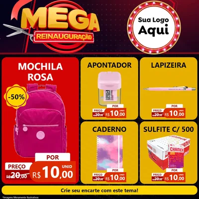 Modelo de Rede Social para Feed Facebook com o tema Mega Reinauguração para Papelaria