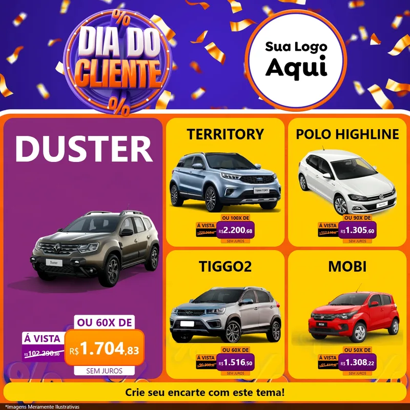 Modelo de Rede Social para Feed Facebook com o tema Dia do Cliente para Concessionaria de Carros
