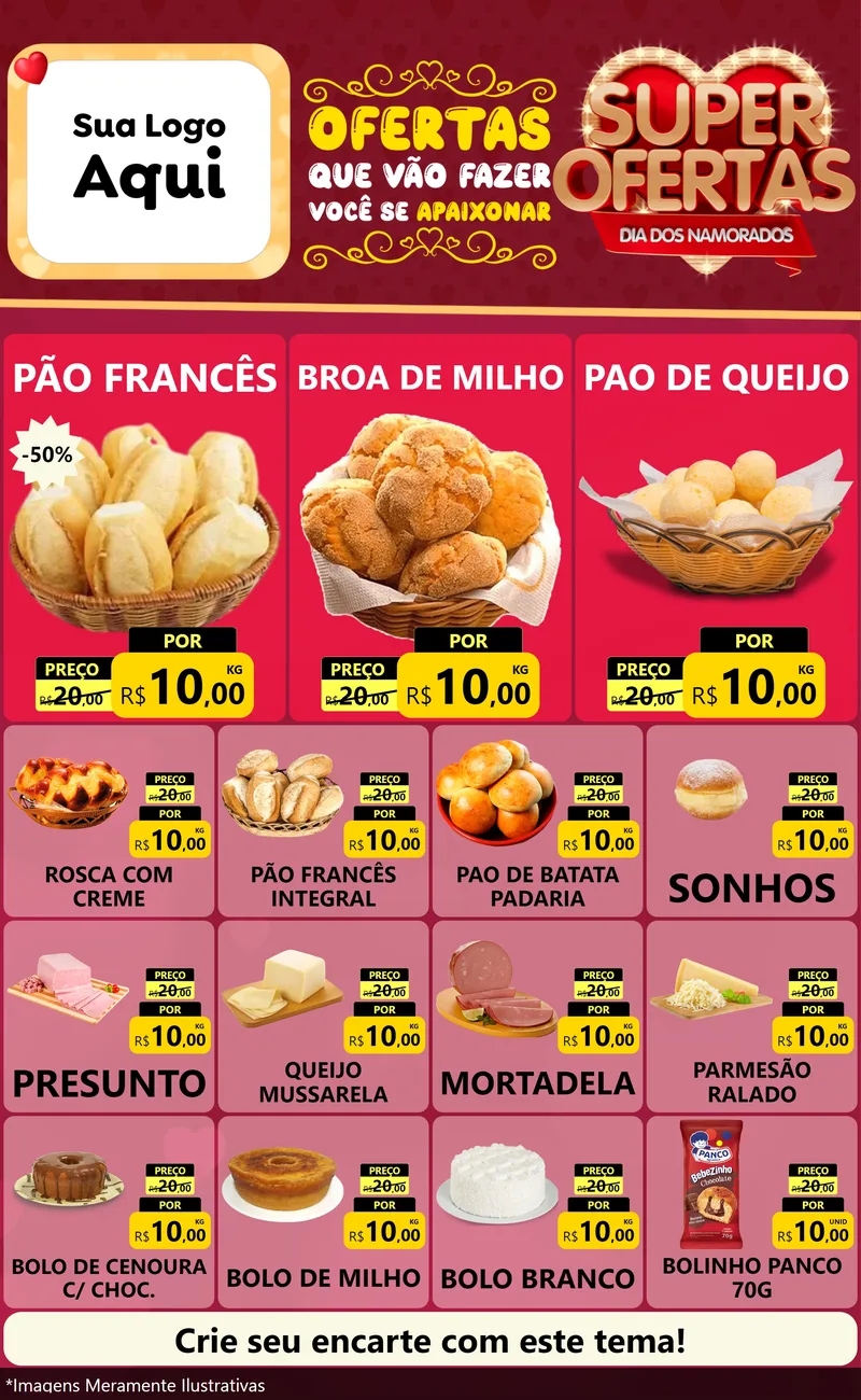 Modelo de Encarte para Encarte Grande com o tema Dia dos Namorados para Padaria