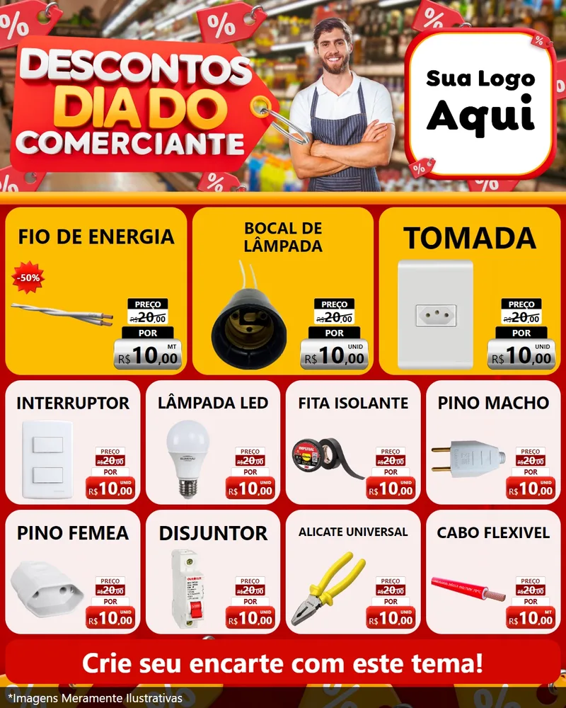 Modelo de Rede Social para Feed Instagram com o tema Descontos Dia do Comerciante para Materiais Elétricos