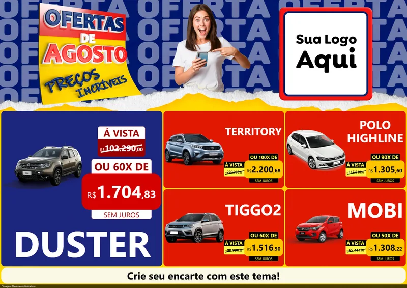 Modelo de Encarte para Encarte A4 Horizontal com o tema Ofertas de Agosto - Preços Incríveis para Concessionaria de Carros