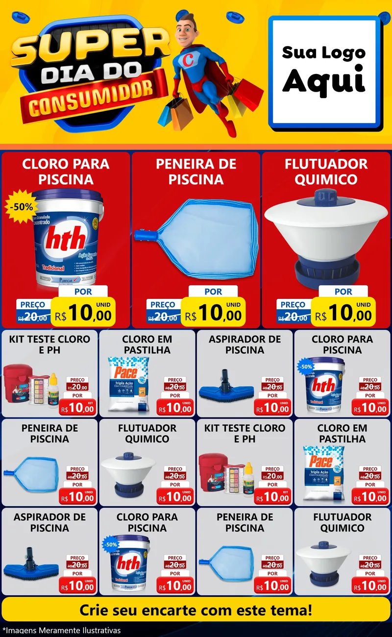 Modelo de Encarte para Encarte Grande com o tema Super Dia do Consumidor para Produtos para Piscina