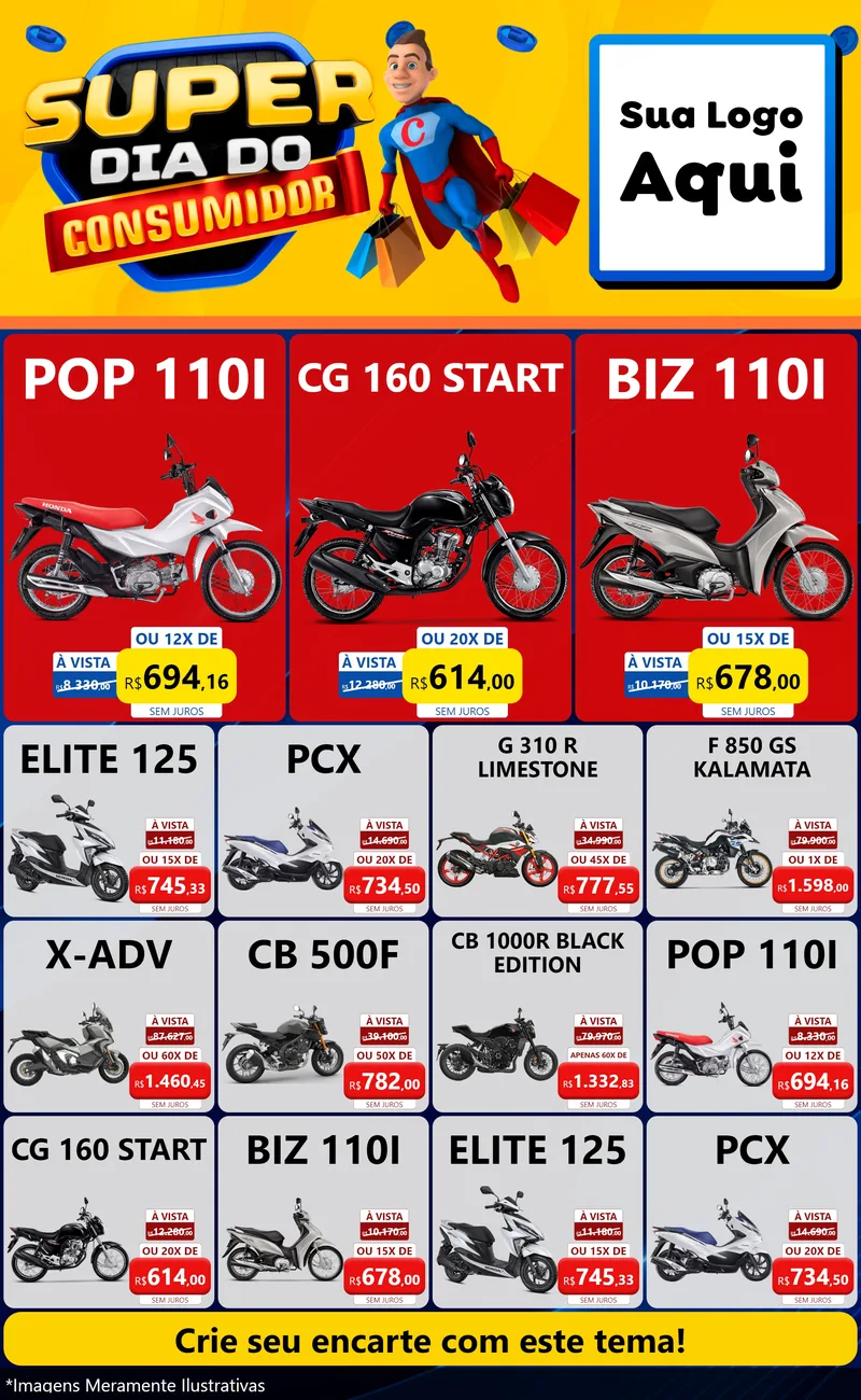 Modelo de Encarte para Encarte Grande com o tema Super Dia do Consumidor para Concessionaria de Motos