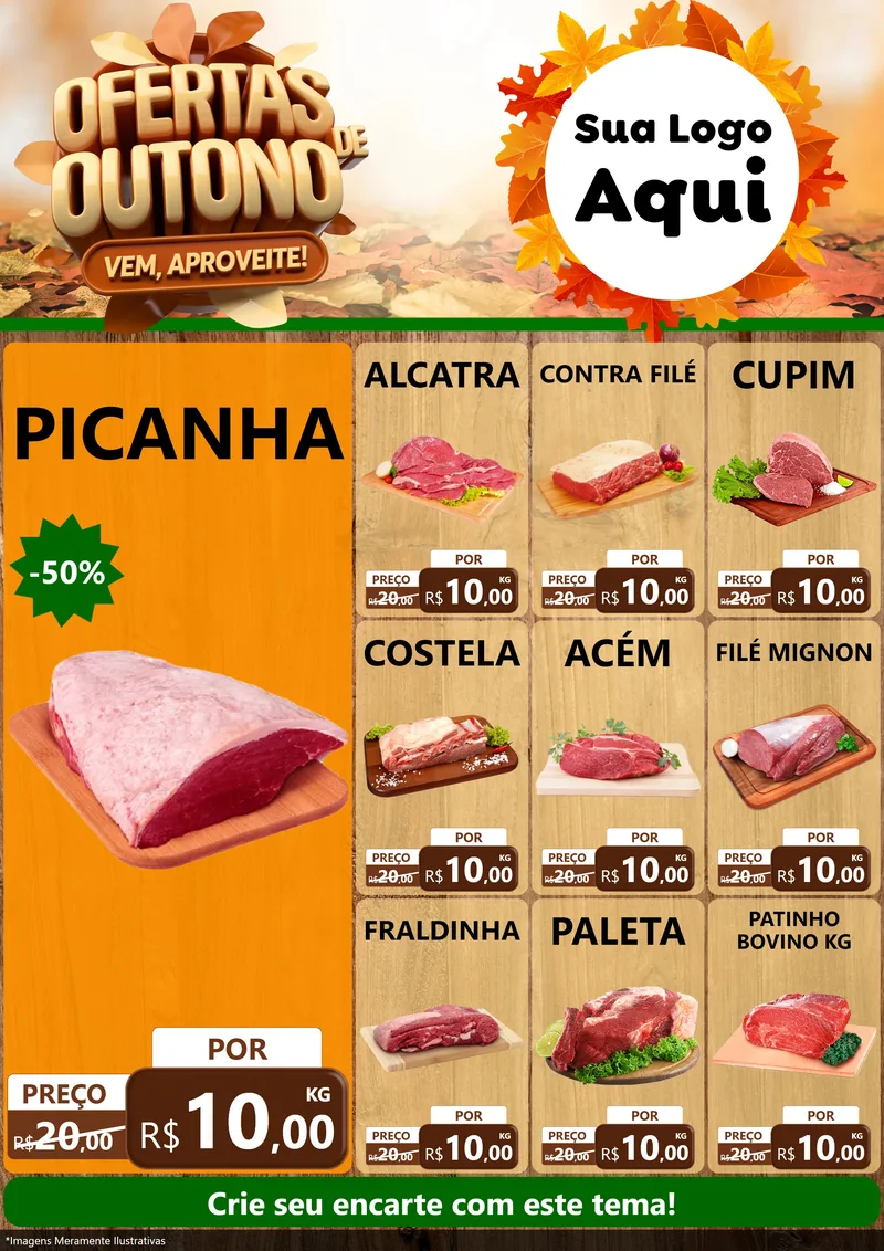 Modelo de Encarte para Encarte A4 Vertical com o tema Ofertas de Outono - Vem, Aproveite! para Açougue