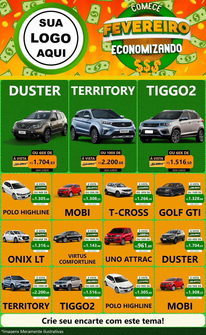 Modelo de Encarte para Encarte Grande com o tema Comece Fevereiro Economizando para Concessionaria de Carros