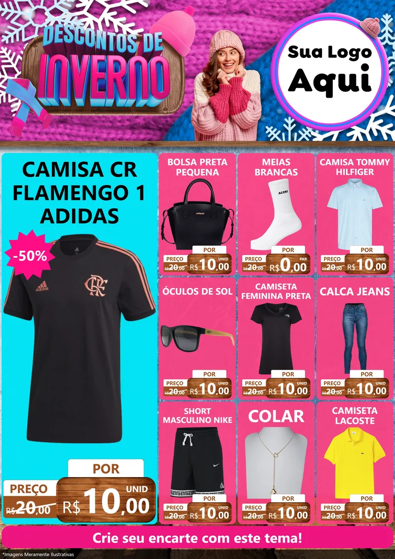Modelo de Encarte para Encarte A4 Vertical com o tema Descontos de Inverno para Roupas e acessórios