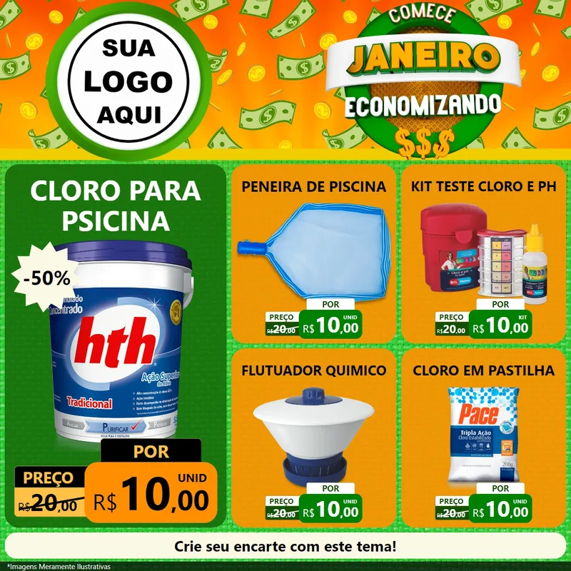 Modelo de Rede Social para Feed Facebook com o tema Comece Janeiro Economizando para Produtos para Piscina