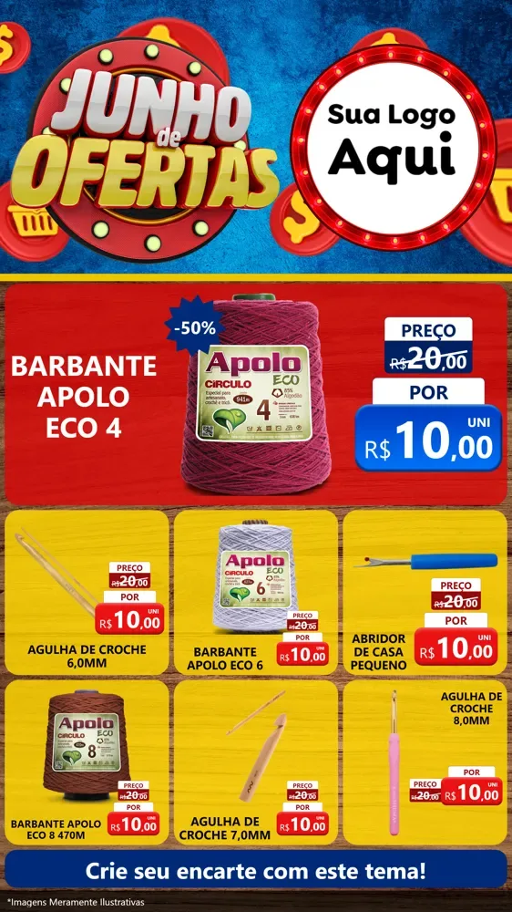 Modelo de Rede Social para Stories com o tema Junho de Ofertas para Armarinho e Aviamentos