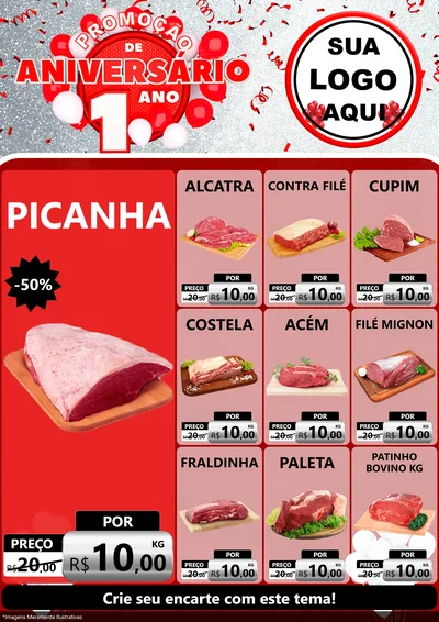 Modelo de Encarte para Encarte A4 Vertical com o tema Promoção de Aniversário - 1 Ano para Açougue