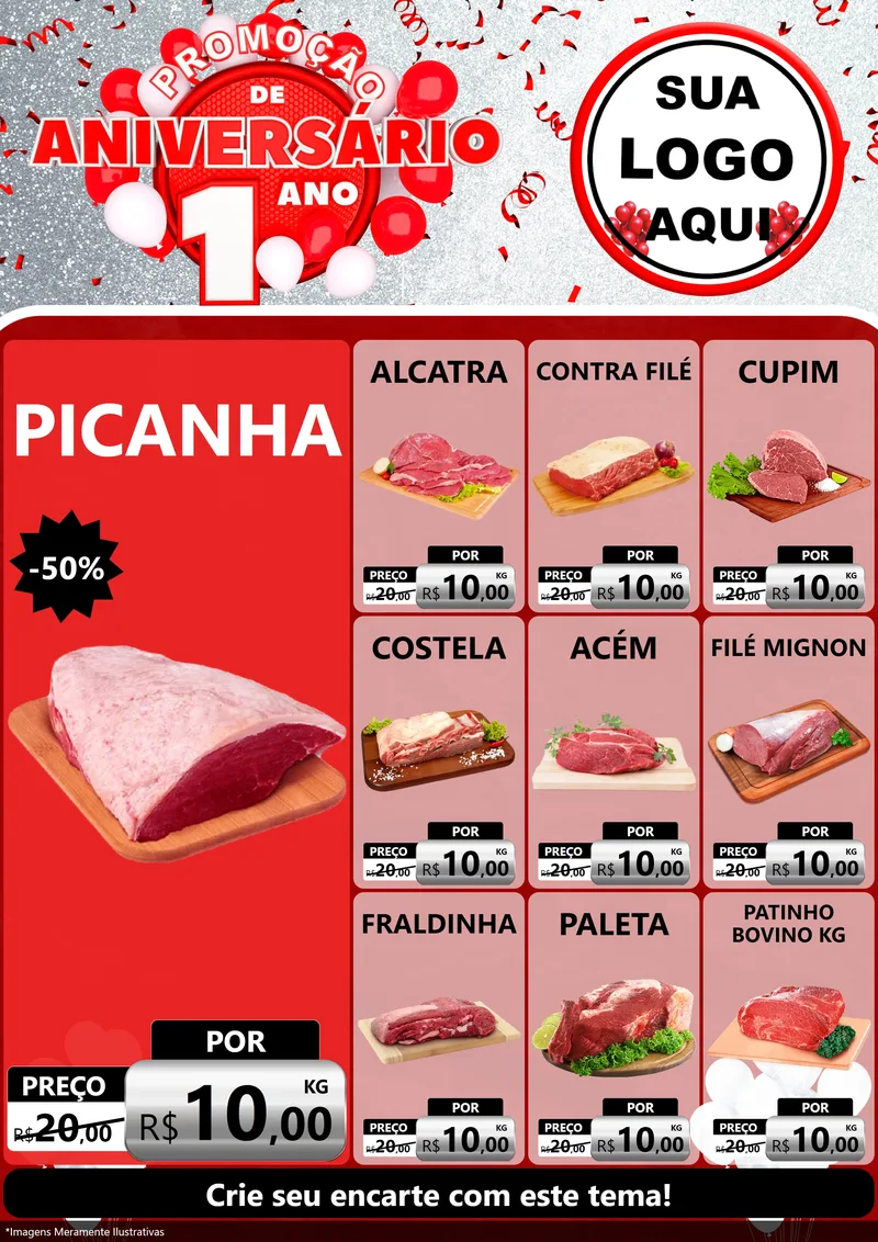Modelo de Encarte para Encarte A4 Vertical com o tema Promoção de Aniversário - 1 Ano para Açougue