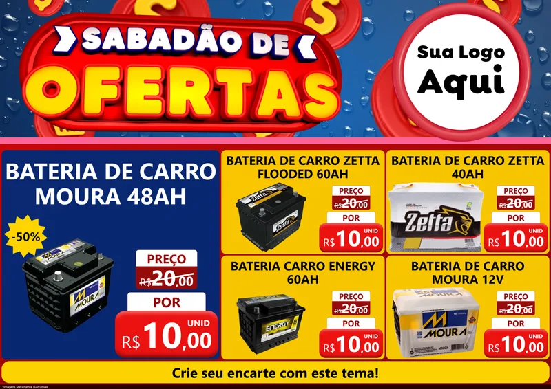 Modelo de Encarte para Encarte A4 Horizontal com o tema Sabadão de Ofertas para Baterias Elétricas