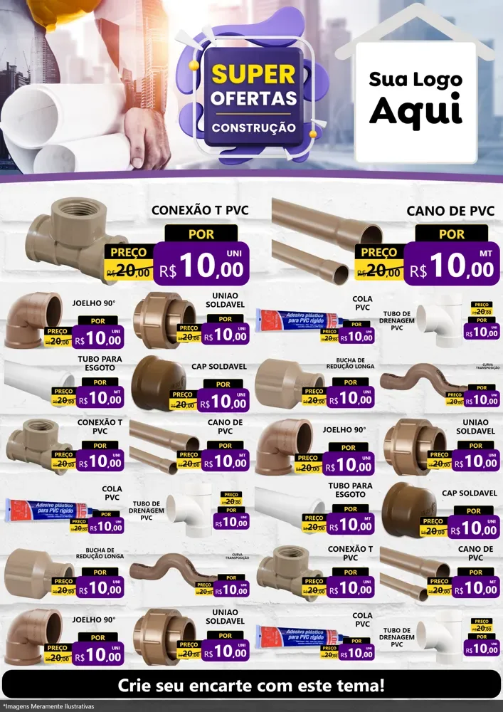 Modelo de Encarte para Encarte A4 Vertical com o tema Super Ofertas - Construção para Tubos e conexões