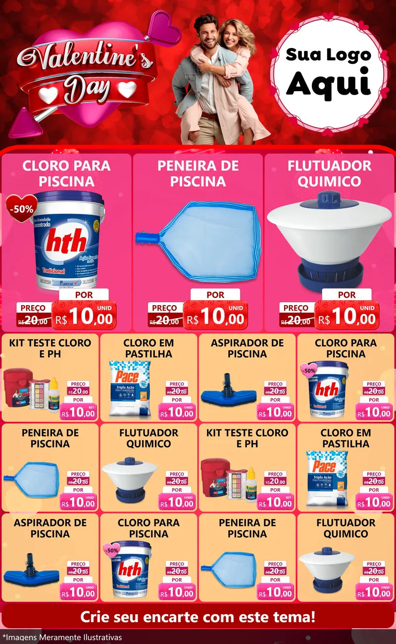 Modelo de Encarte para Encarte Grande com o tema Valentine's Day para Produtos para Piscina