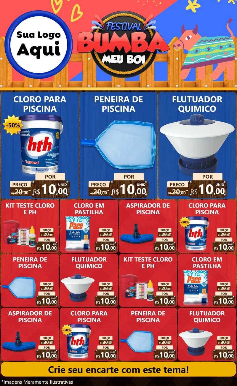 Modelo de Encarte para Encarte Grande com o tema Festival Bumba Meu Boi para Produtos para Piscina