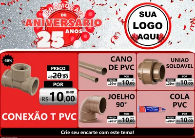 Modelo de Encarte para Encarte A4 Horizontal com o tema Promoção de Aniversário - 25Anos para Tubos e conexões