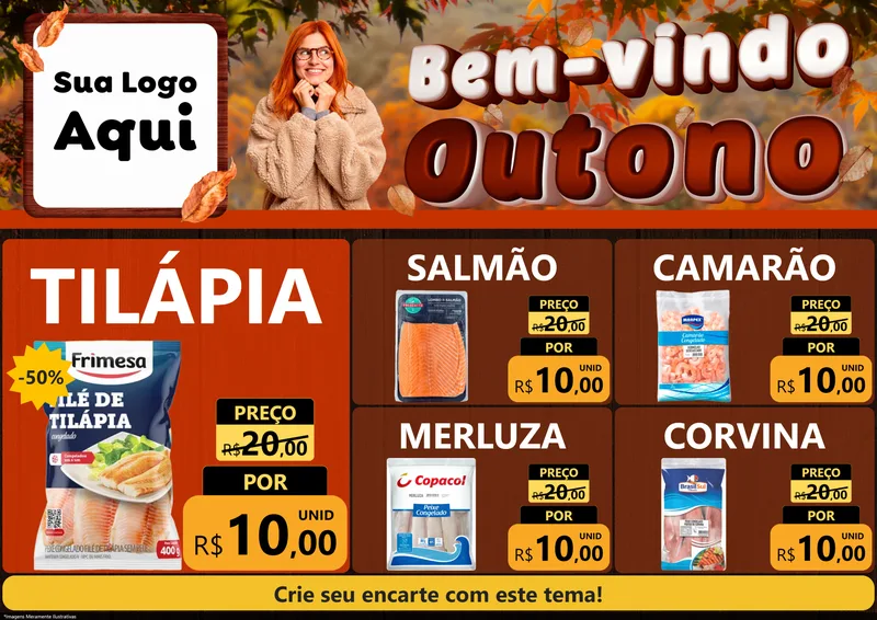 Modelo de Encarte para Encarte A4 Horizontal com o tema Bem-vindo Outono para Peixaria