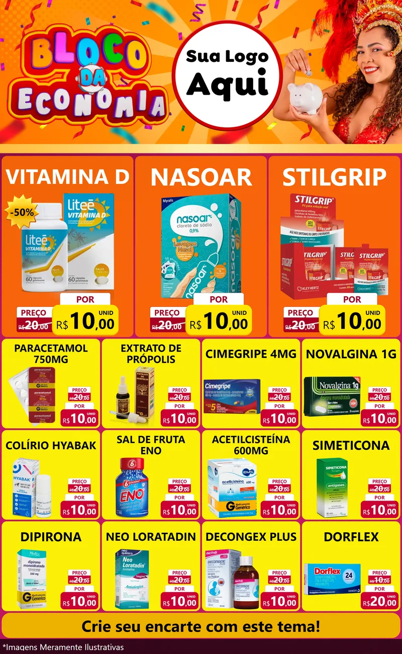 Modelo de Encarte para Encarte Grande com o tema Bloco da Economia para Farmácia