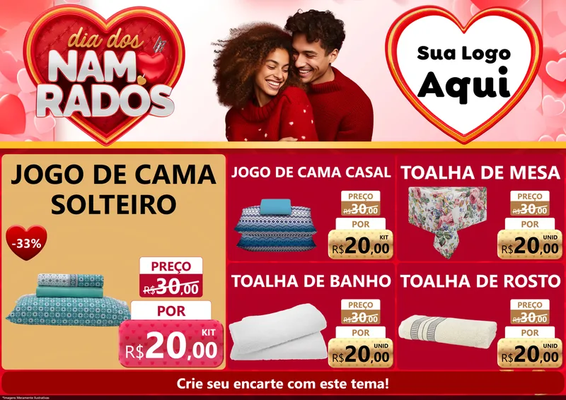 Modelo de Encarte para Encarte A4 Horizontal com o tema Dia dos Namorados para Cama, Mesa e Banho