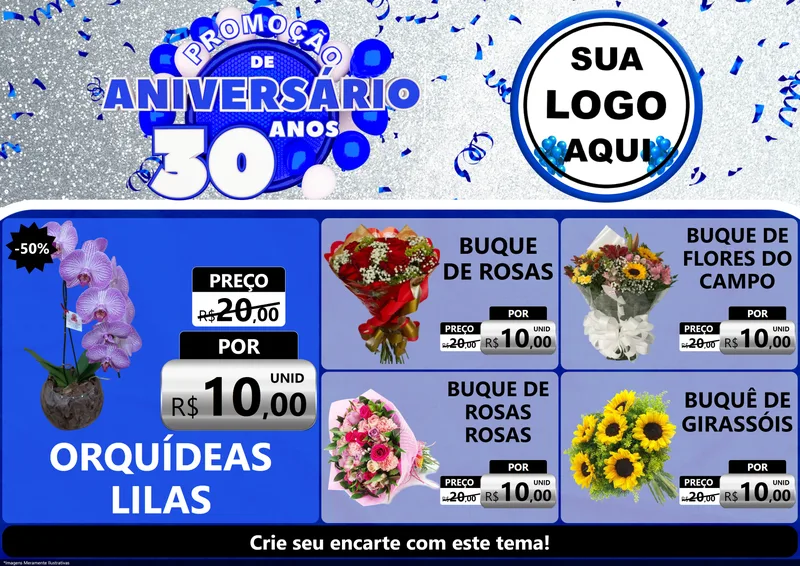 Modelo de Encarte para Encarte A4 Horizontal com o tema Promoção de Aniversário - 30 Anos para Floricultura e jardim