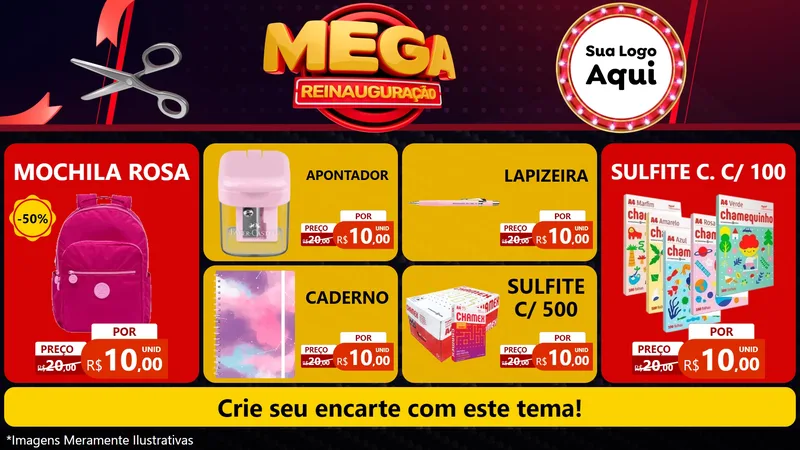 Modelo de TV para TV Horizontal com o tema Mega Reinauguração para Papelaria