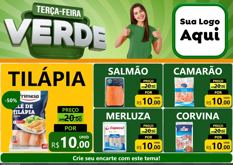 Modelo de Encarte para Encarte A4 Horizontal com o tema Terça - Feira Verde para Peixaria