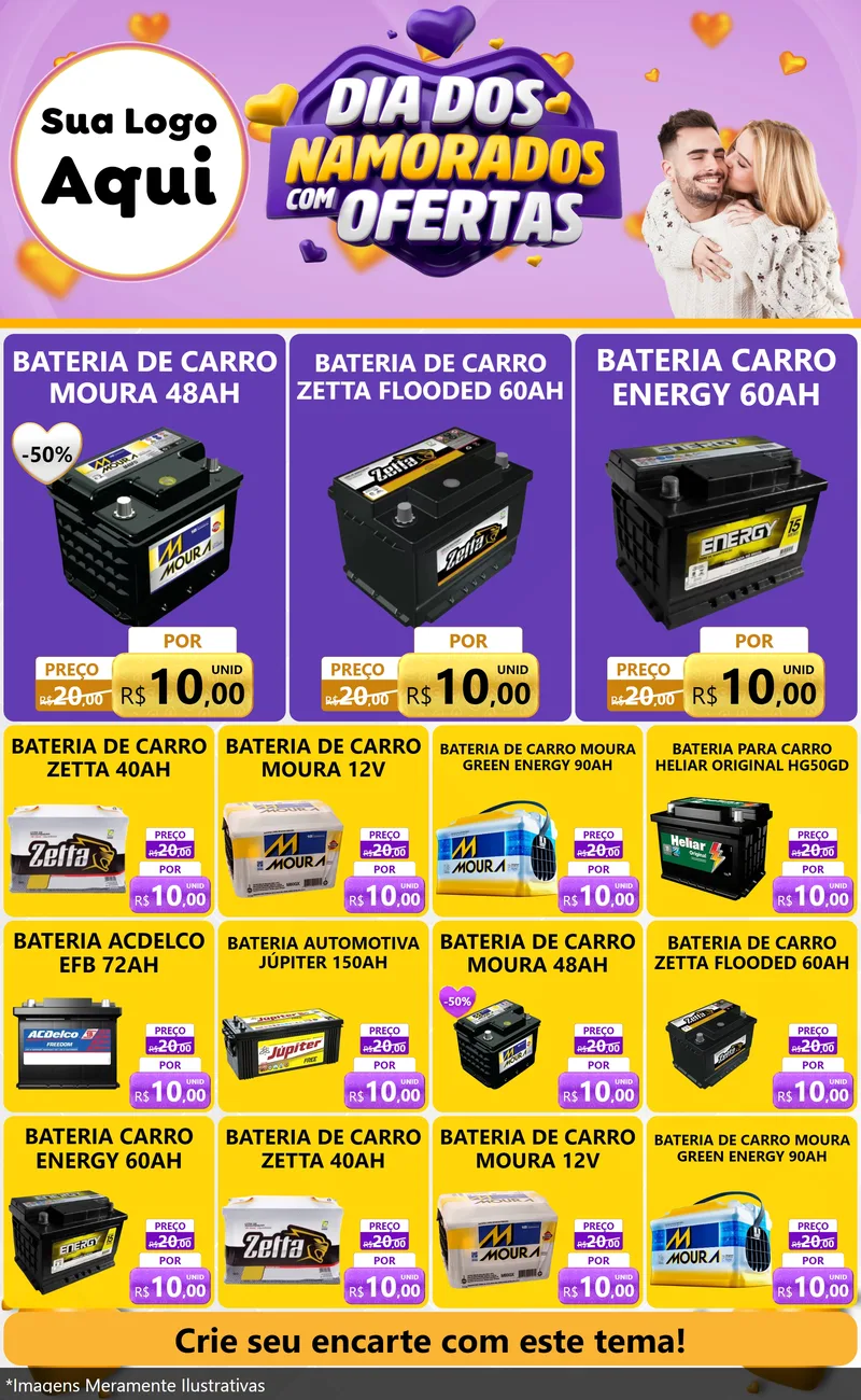 Modelo de Encarte para Encarte Grande com o tema Dia Dos Namorados Com Ofertas para Baterias Elétricas